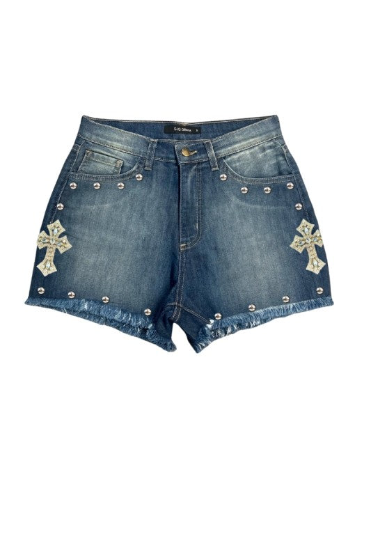 GJG Denim Studded Denim Wash Short with Rhinestone Crosses