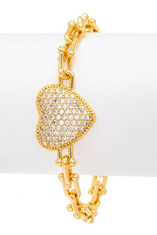Micro CZ Pave Heart Charm Paperclip Bracelet