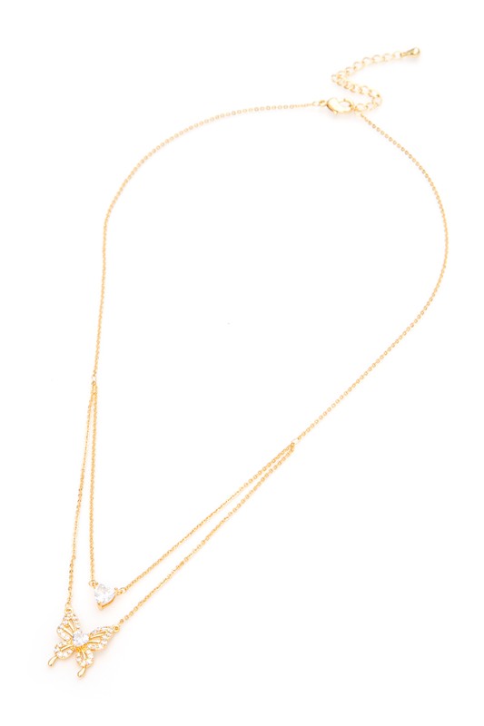 CZ Heart And Butterfly Layer Pendant Necklace