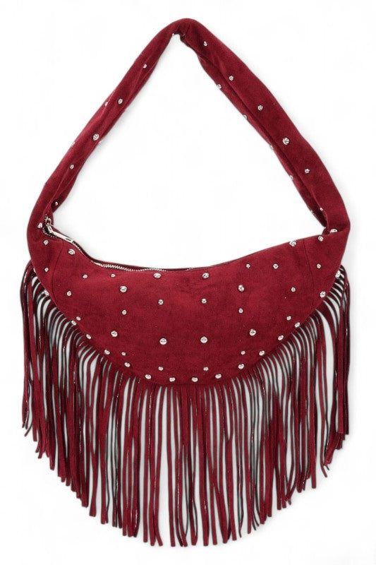 Faux Suede Fringe Boho Studded Hobo Bag