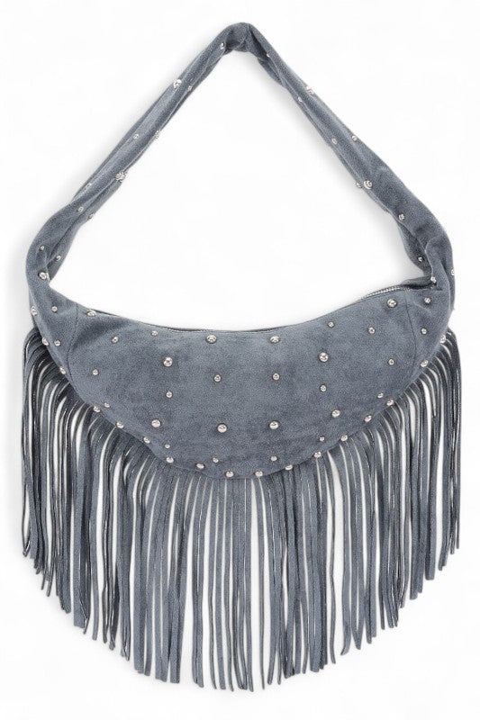 Faux Suede Fringe Boho Studded Hobo Bag