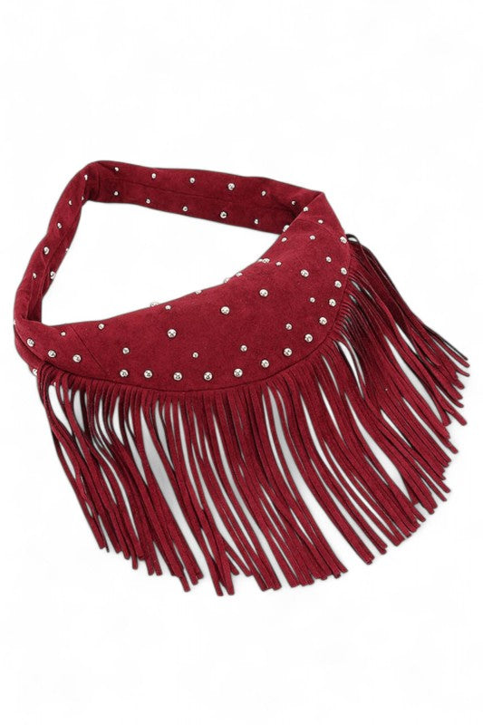 Faux Suede Fringe Boho Studded Hobo Bag
