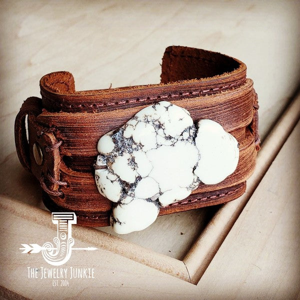 Genuine Leather Wide Cuff w White Turquoise Slab
