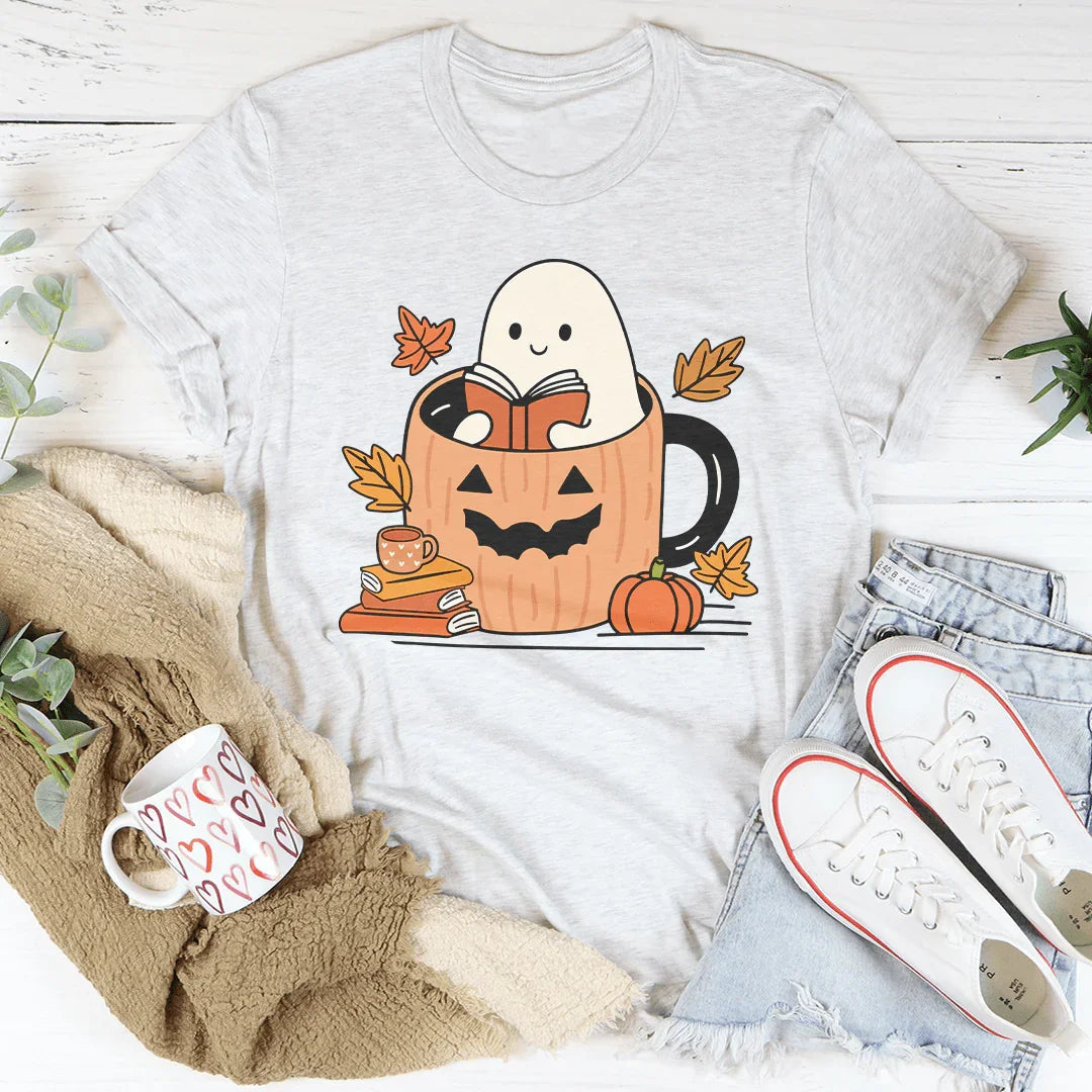 Cute Bookish Ghost In A Pumpkin Cup Tee