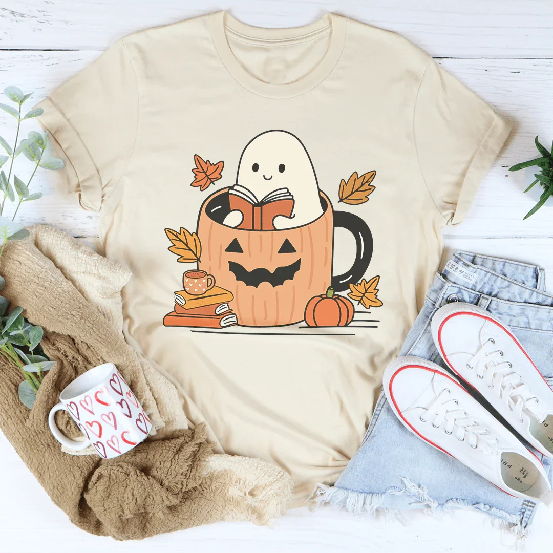Cute Bookish Ghost In A Pumpkin Cup Tee