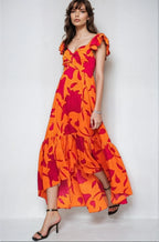 Vibrant Fire Floral High Low Maxi Dress